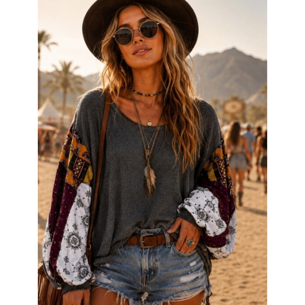 We The Free Gray Blossom Waffle Knit Patchwork Sleeves Boho Small Oversized